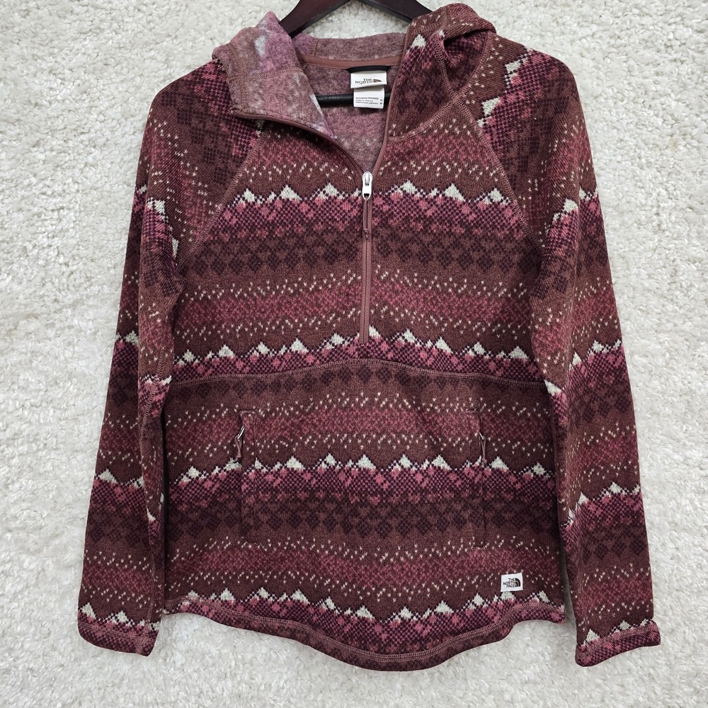The North Face Women's Fleece Knit Hoodie Pink Brown‎ M fair isle pattern cozy